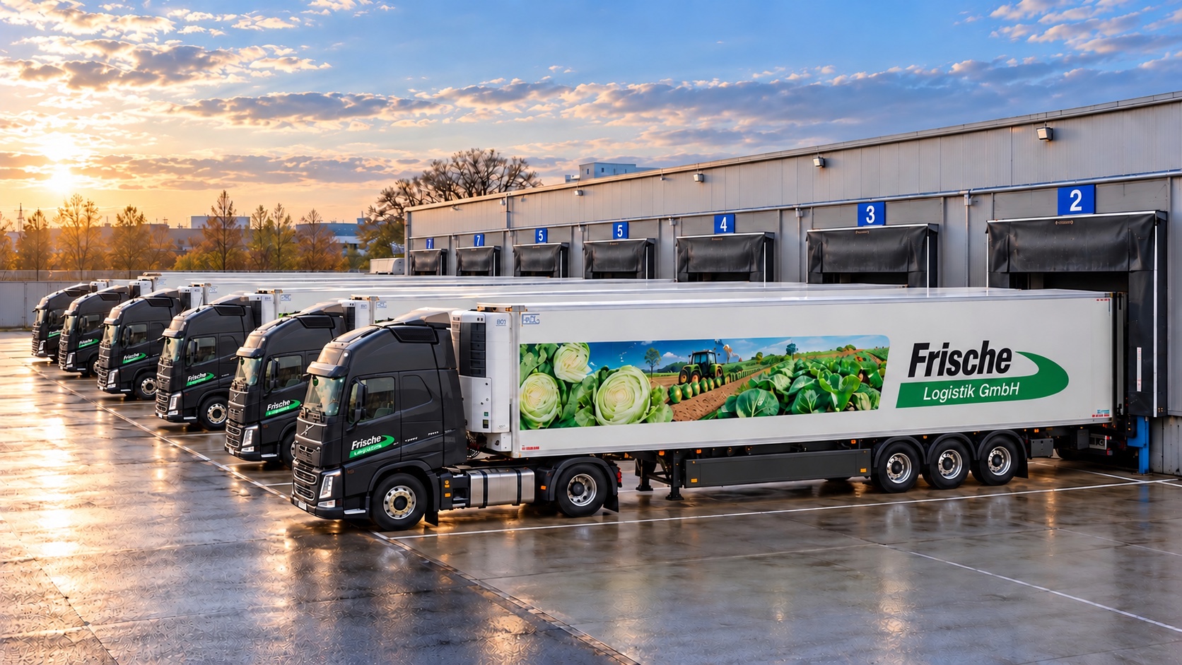 KI-Visualisierung von Frische-Logistik-Sattelzügen mit langen Kühlaufliegern an den Verladerampen